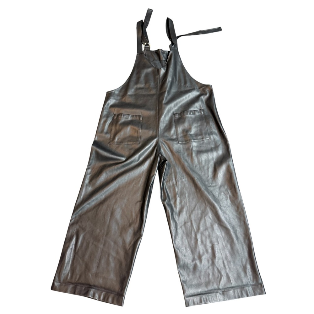 Zara Black Faux Leather Wide Leg Overalls Jumpsuit Large #769